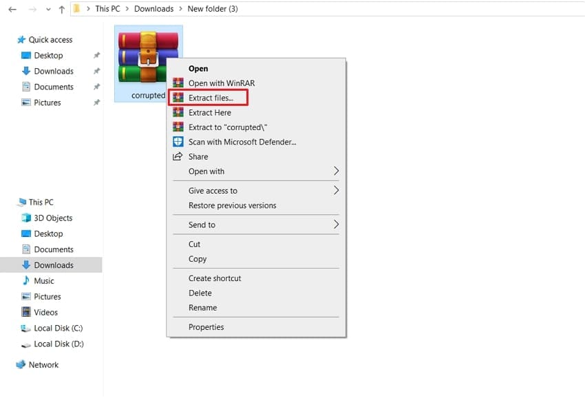 access extract files option winrar