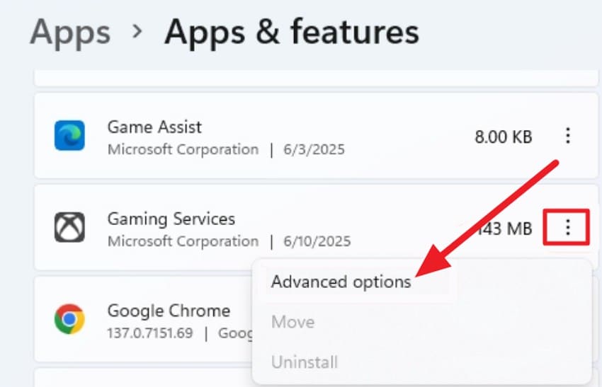select advanced options gaming services