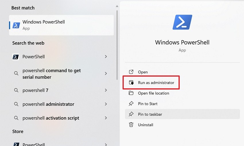 choose run as administrator powershell