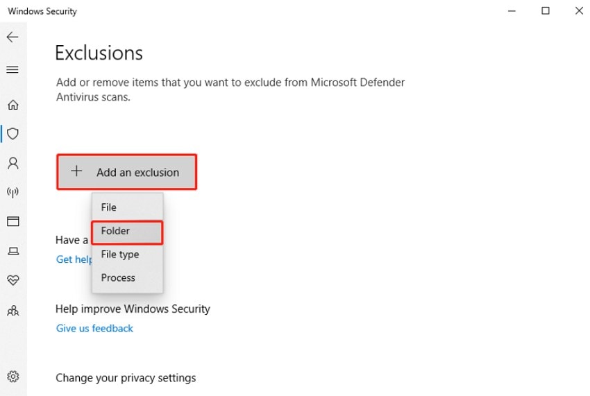 add an exclusions and select folder