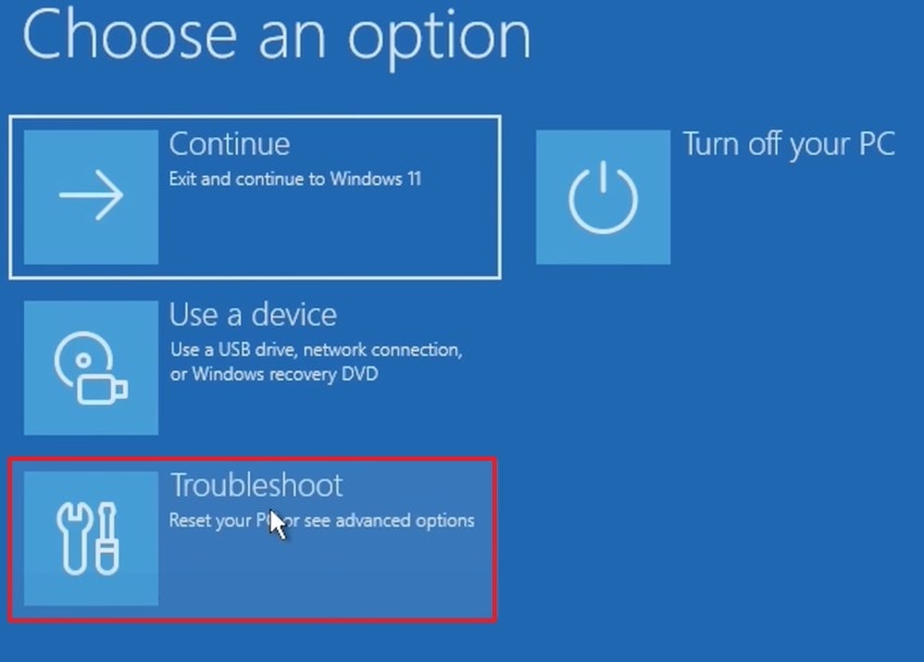 select troubleshoot from recovery environment