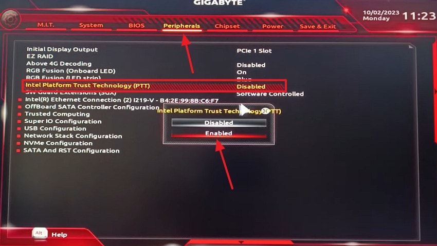 enable ptt in bios interface