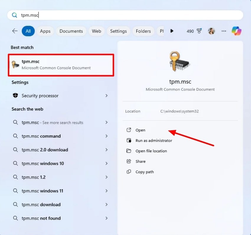 open tpm msc from start menu