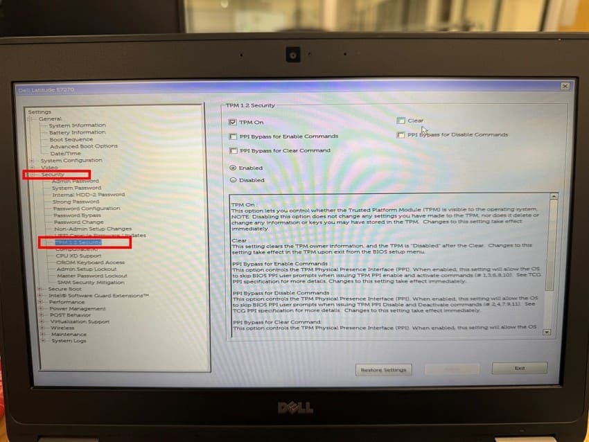 enter tpm security in bios