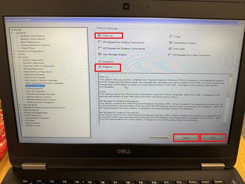 turn on and enable tpm from bios