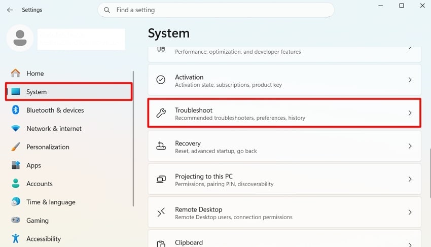 open system settings choose troubleshoot