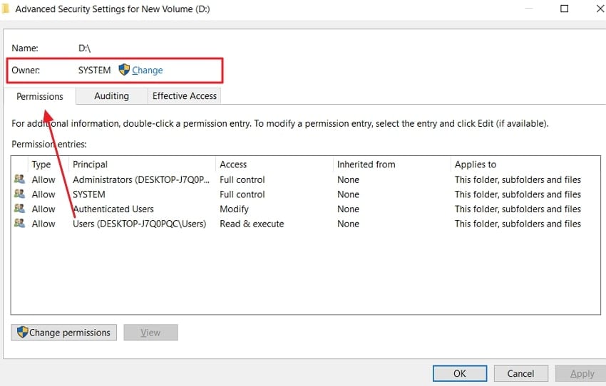 check permission or owner name