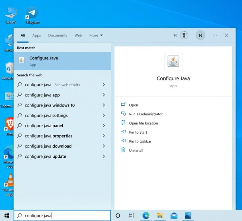 search for configure java