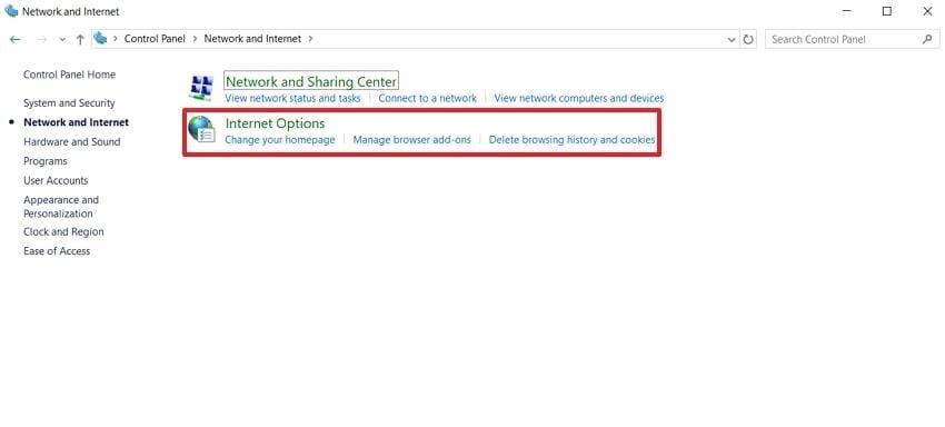 open internet options