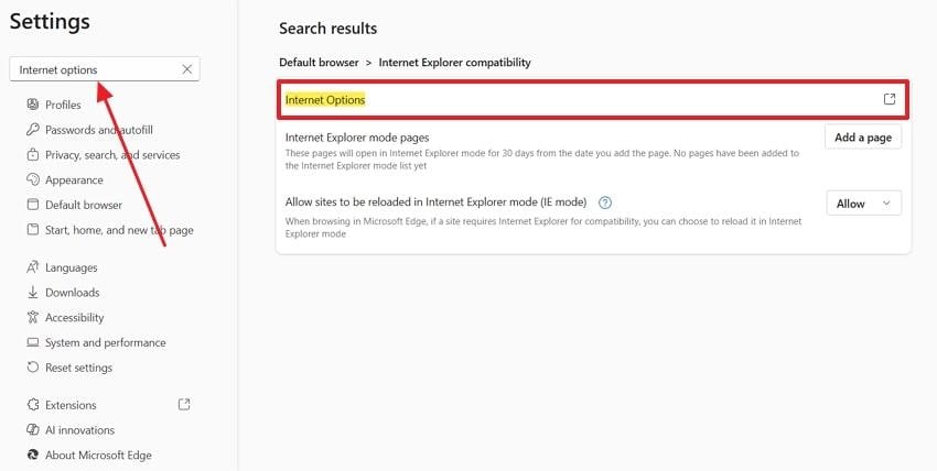 get internet options