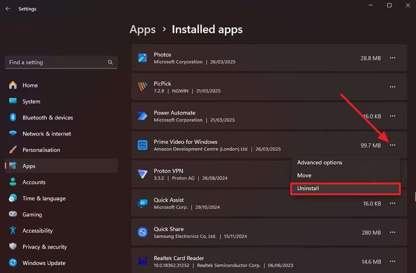 uninstall amazon prime video windows