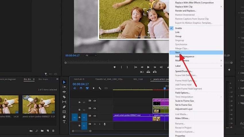 freeze clip and choose nest option