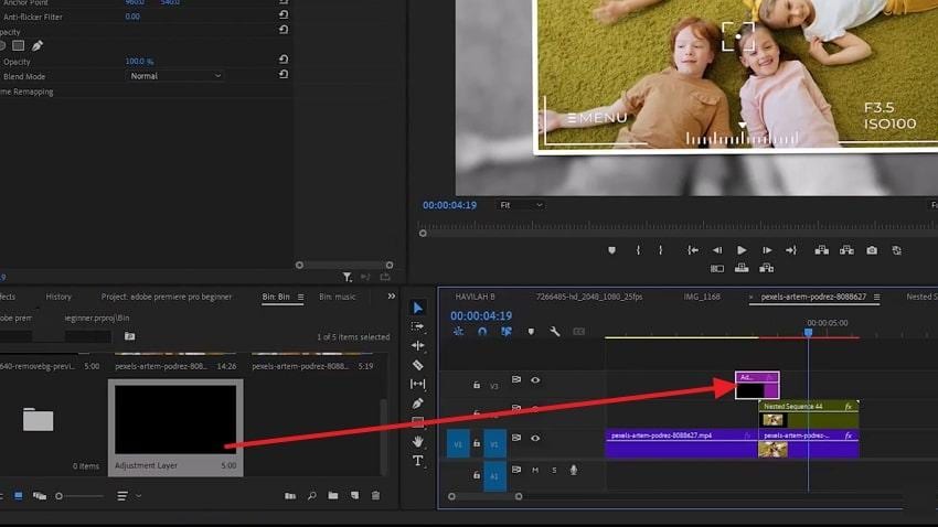 drop adjustment layer in timeline