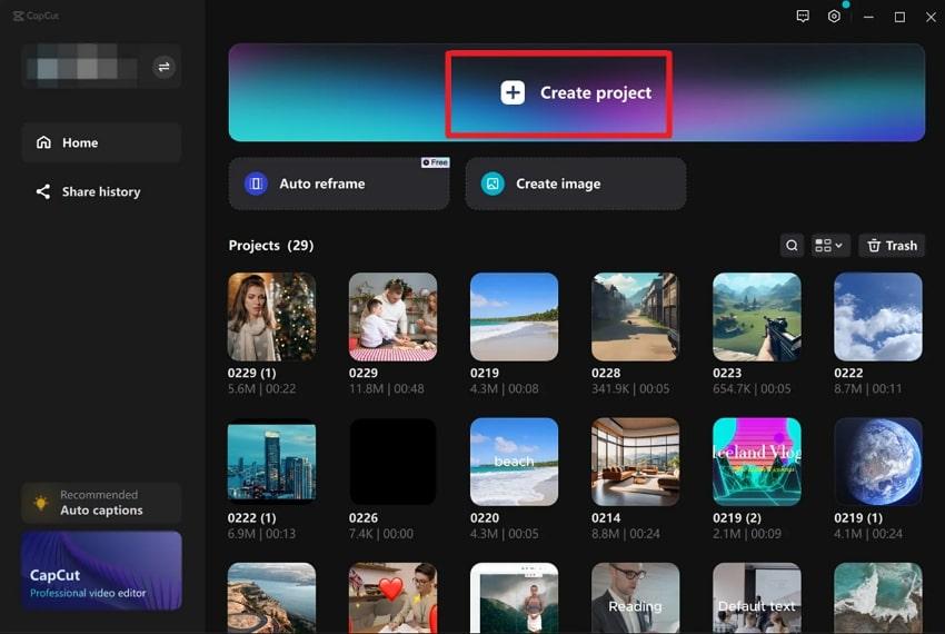 choose create project option