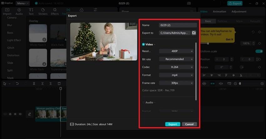 specify export settings