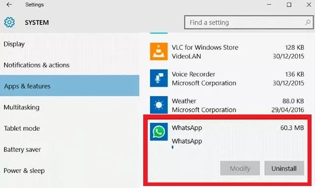 uninstall whatsapp on windows