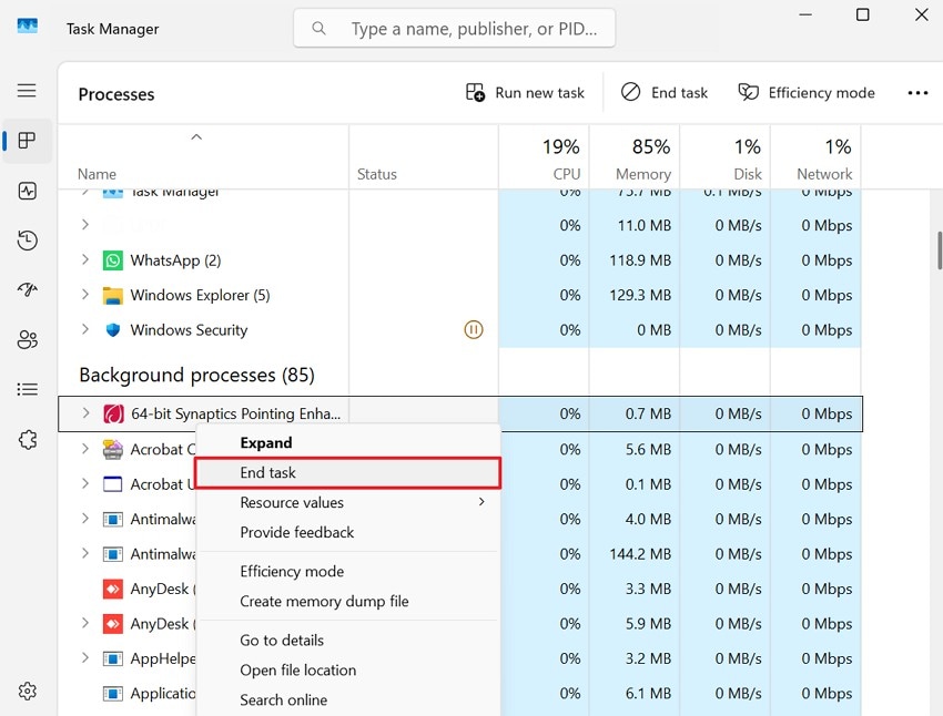 access the task manager and close
