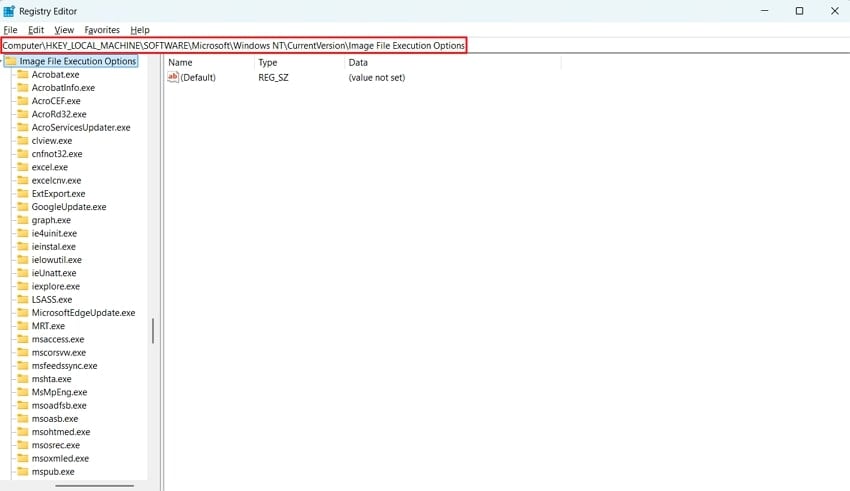 access ifeo address registry editor