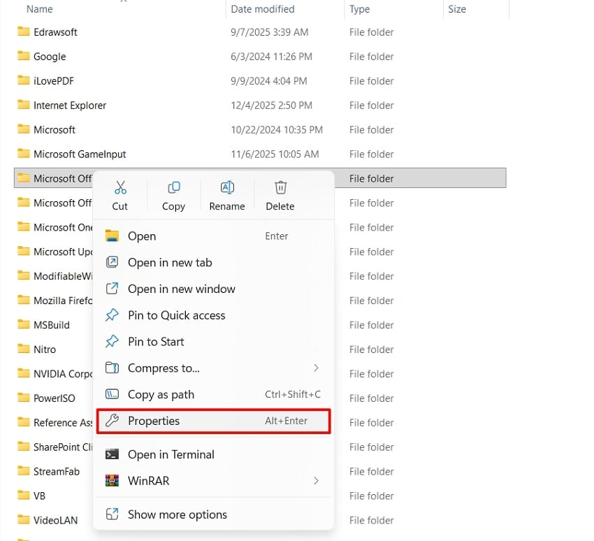 open executable file folder properties