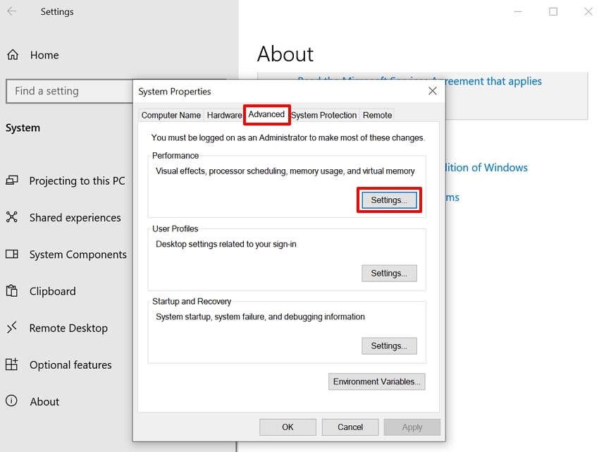 access settings from advanced menu