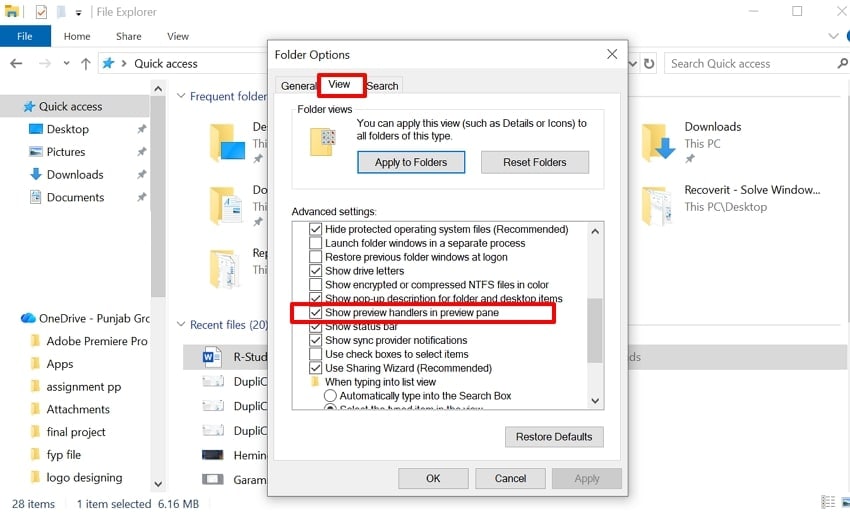 enable desired preview pane folder settings
