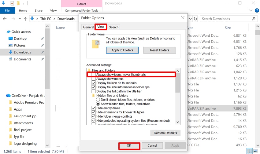 verify icons are disabled folder options