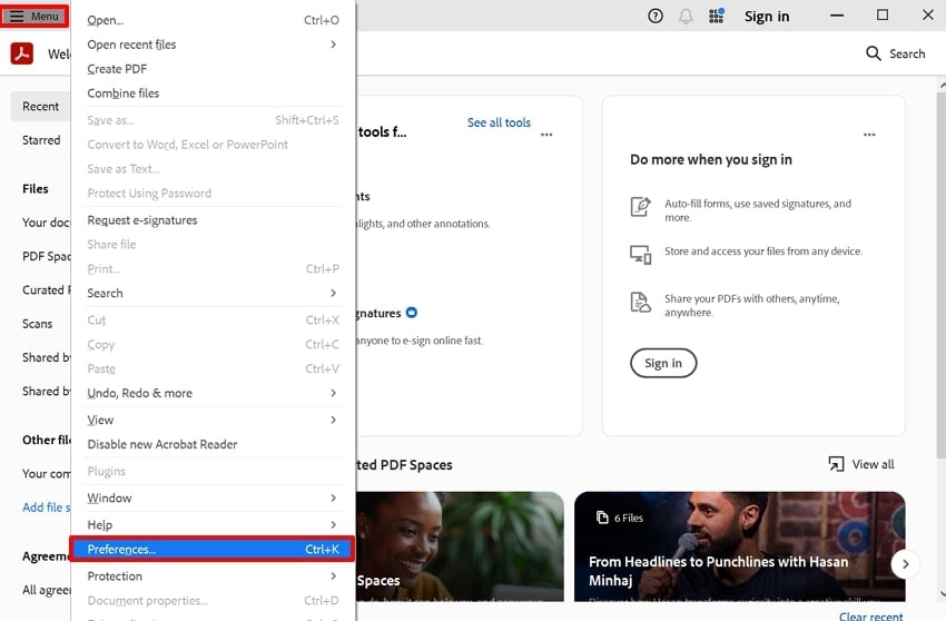 access pdf reader preferences
