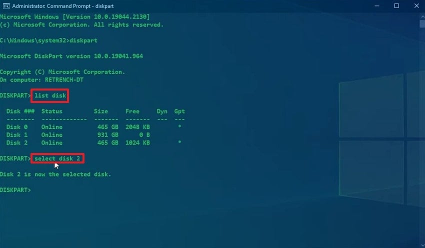 select disk and confirm selection