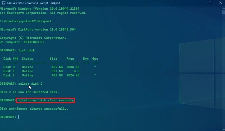 clear read only settings diskpart