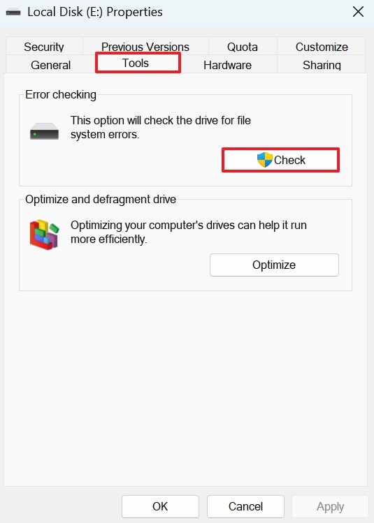 check disk for errors