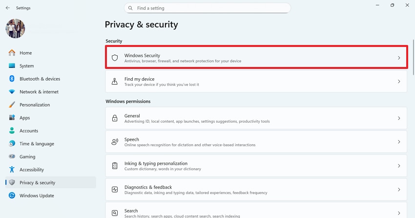 open windows security in settings