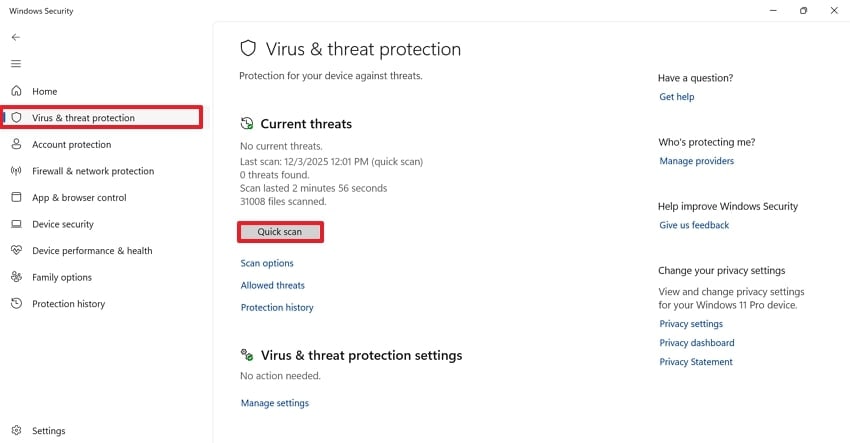 click quick scan to search for threats