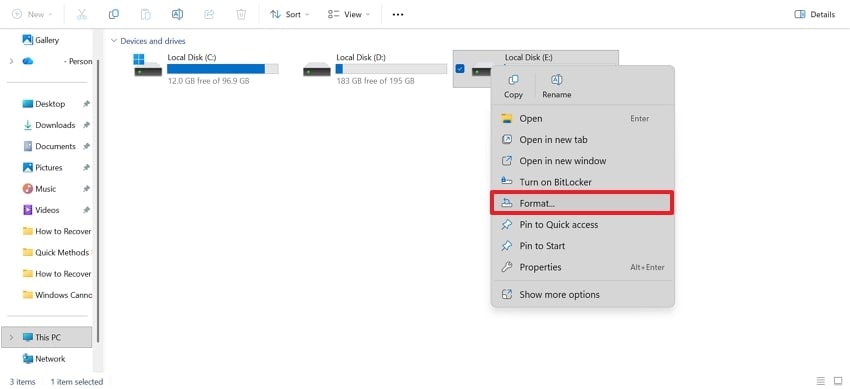 access format option in drive