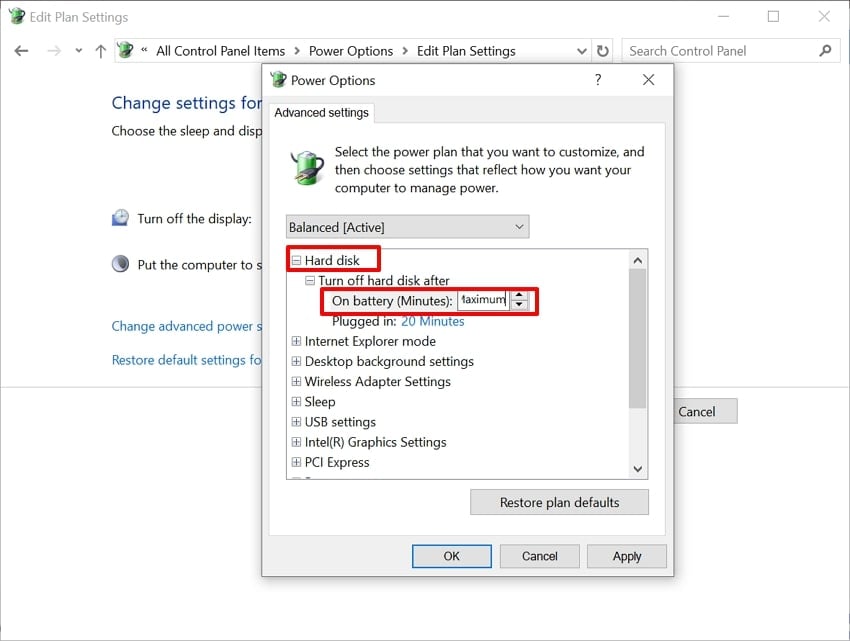 change hard disk power options