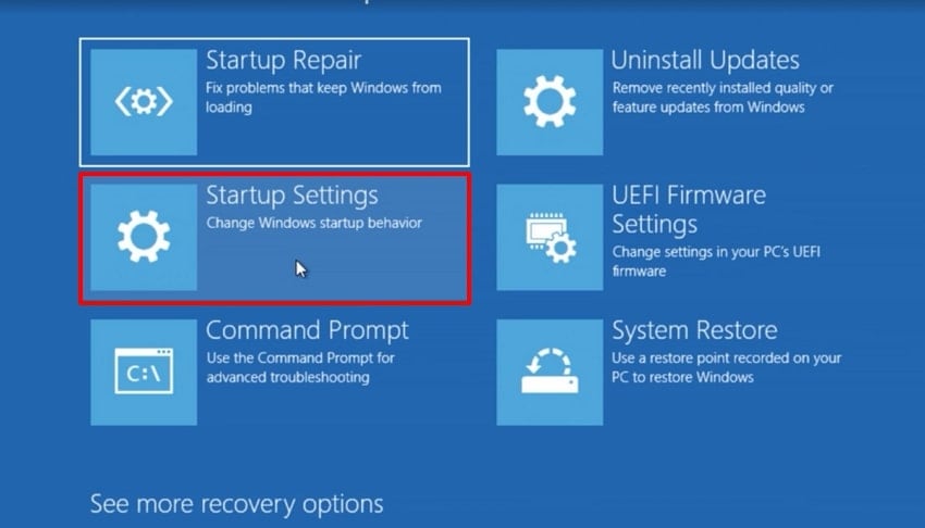 select startup settings option