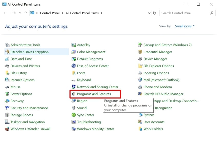 access programs and features control panel