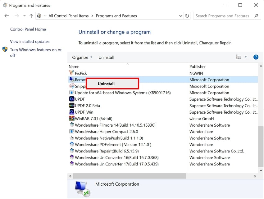 choose uninstall option
