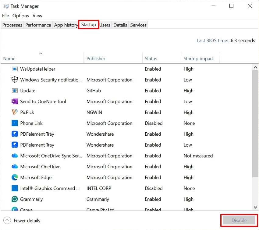disable and enable startup services