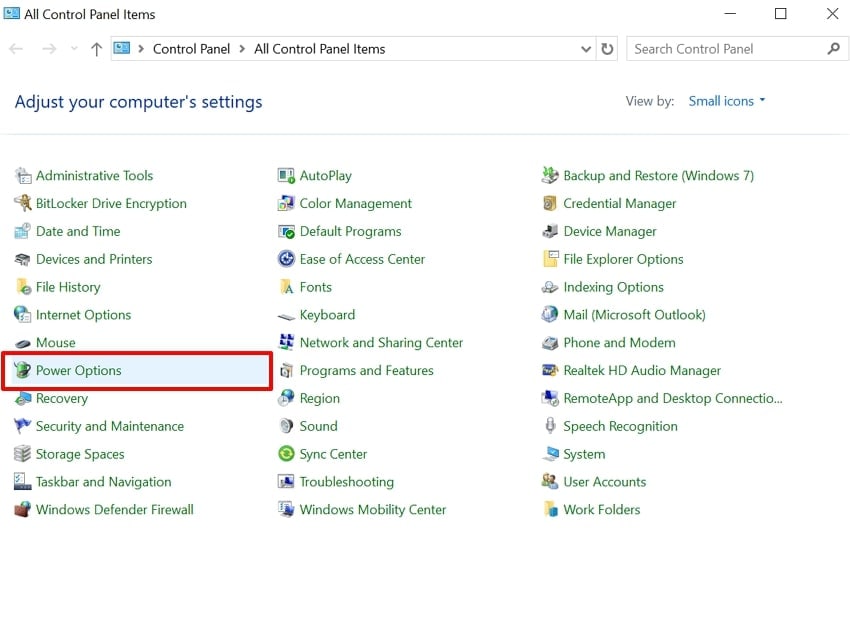 open power options control panle