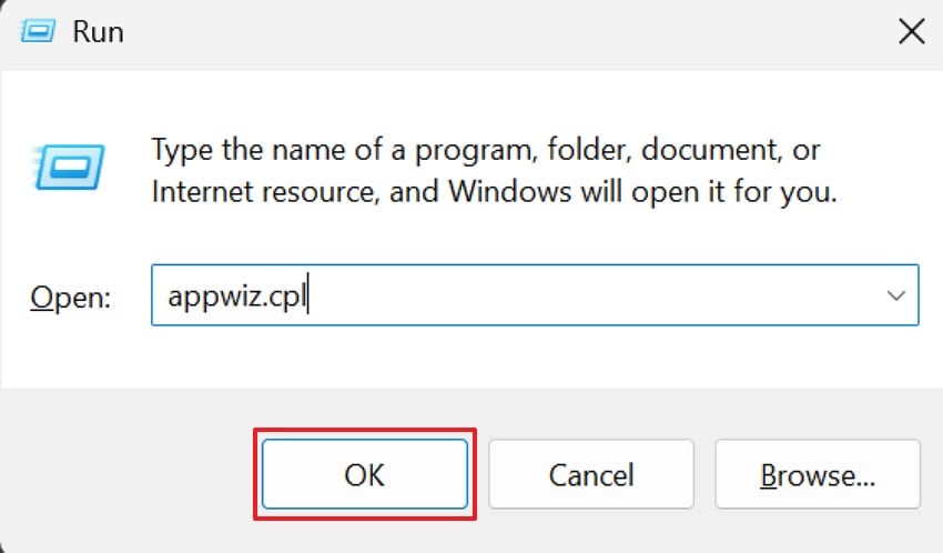 open program and features via run