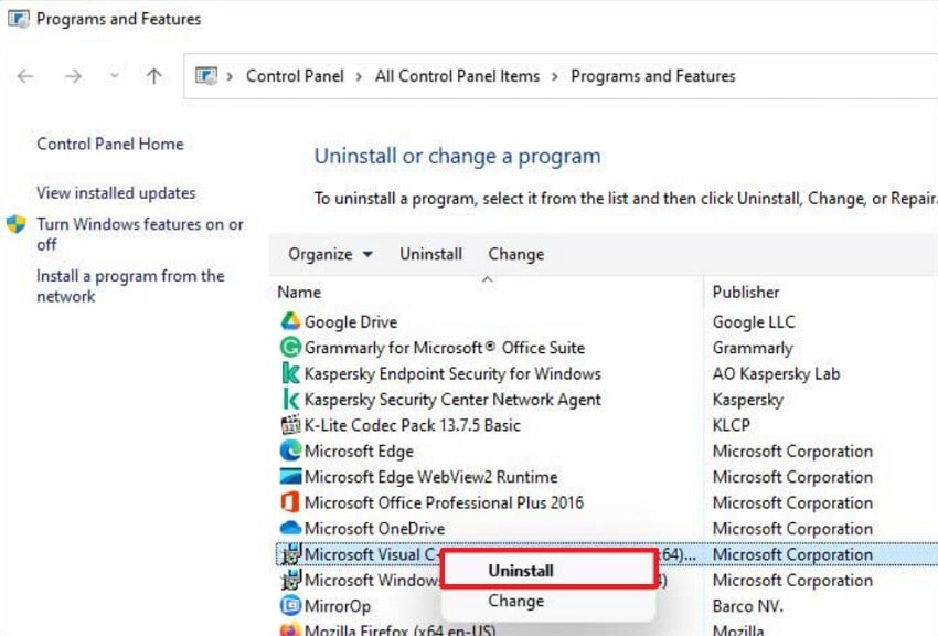 uninstall visual c++ package