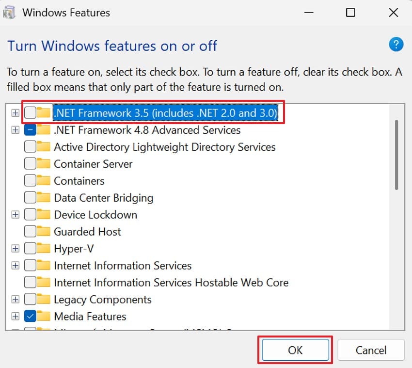 enable net framework windows feature