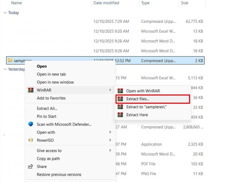 select the extract files option
