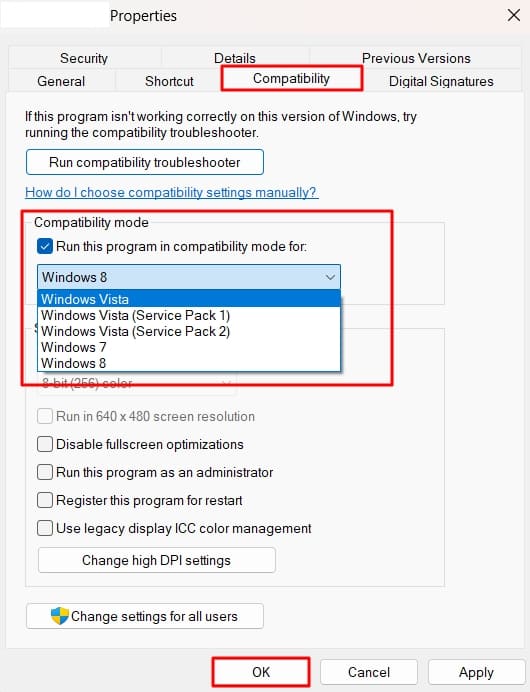 enable windows compatibility settings