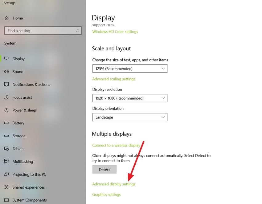 access advanced display settings