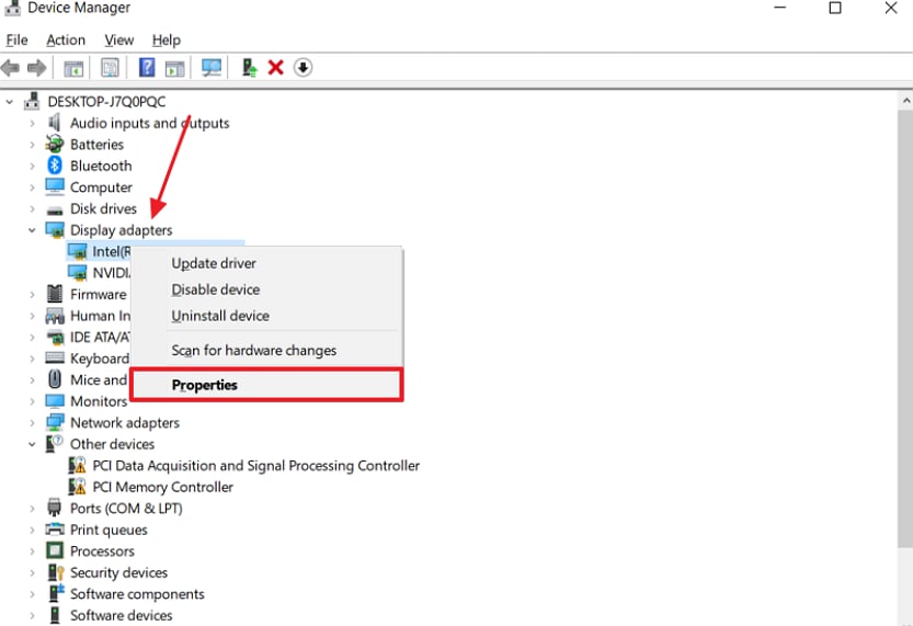 access display adapter properties