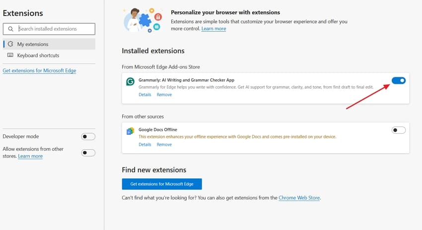 disable extensions microsoft edge