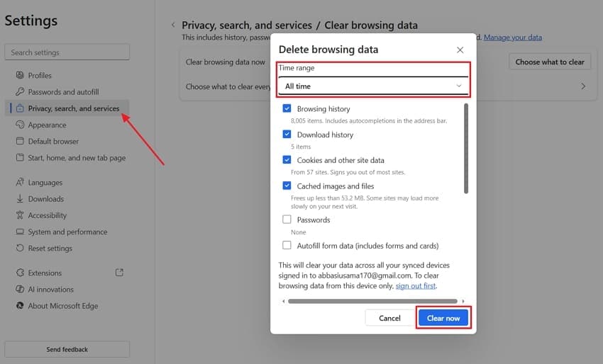 delete cache data edge