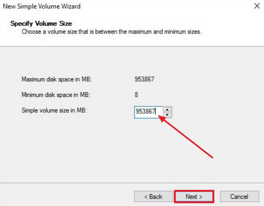 enter the simple volume size