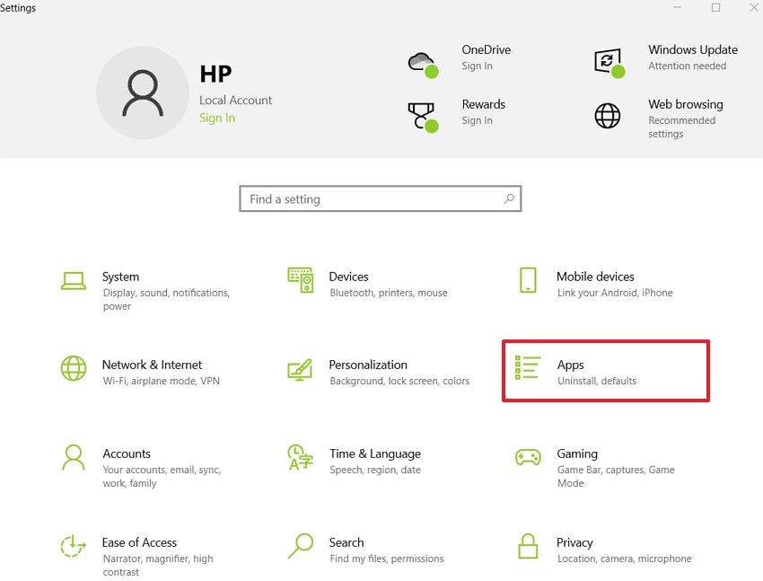 access apps in settings